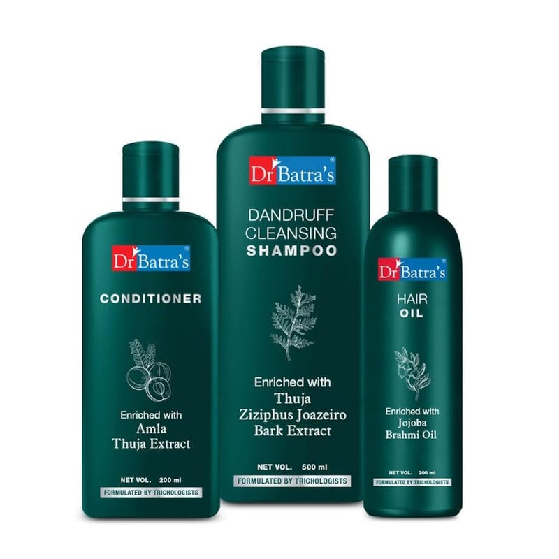 Dr Batra's Dr Batras Dandruff cleansing Shampoo  500ml Conditioner  200ml and Hair oil  200 ml Deep nourishment healthy scalp balanced pH Pack of 3 for Men and Women - Image 1