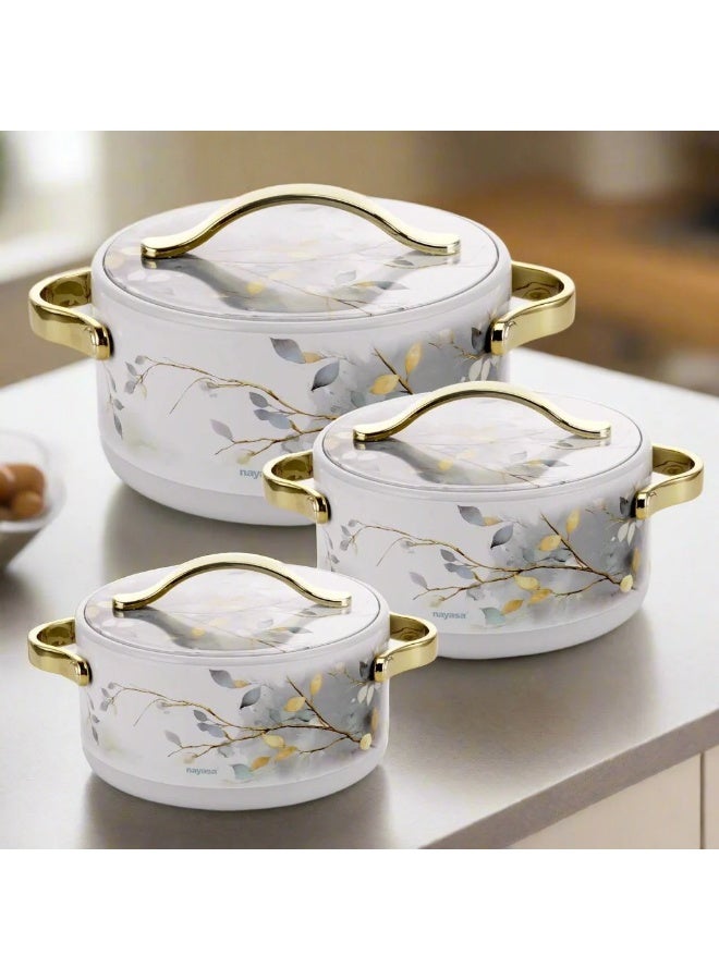 NAYASA Bethany 3-Piece Insulated Hotpot Set- 1.5L/2.5L/3.5L – Stainless Steel Inner, Floral Marble Design, Gold Handles – Food Warmer Casserole Set for Serving & Dining- AUTUMN(L) - Image 2