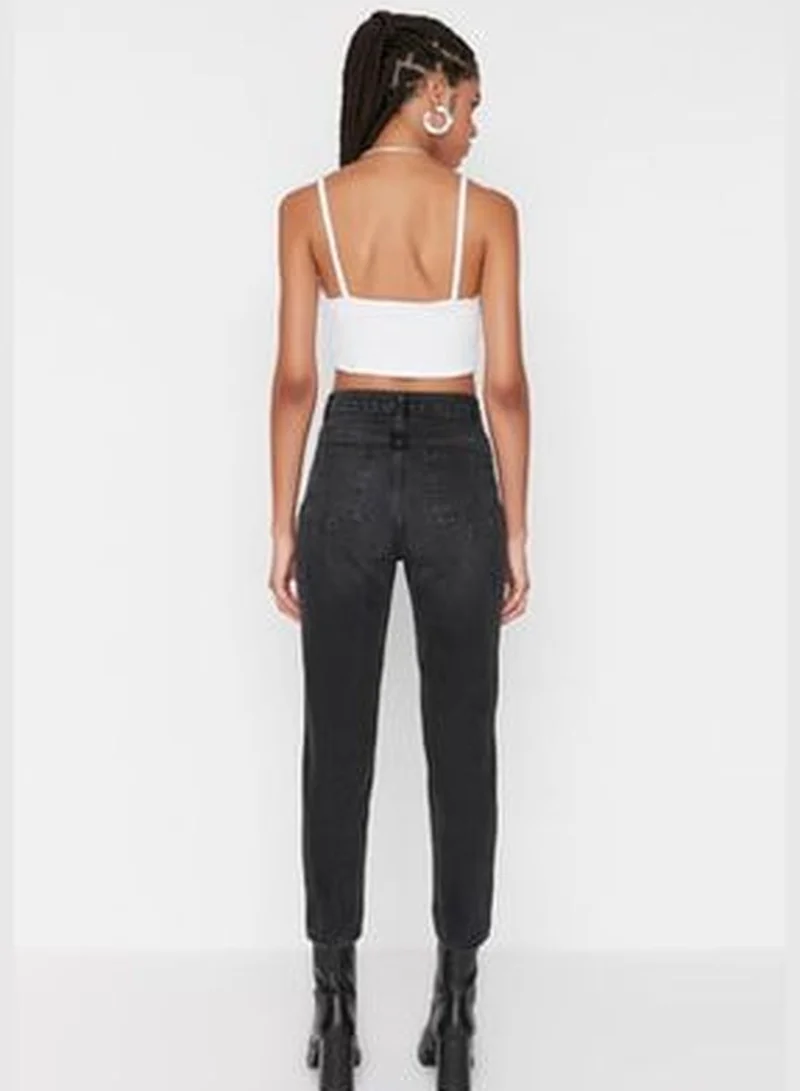 Trendyol black Ripped Black High Waist Mom Jeans with Double Buttons TWOSS22JE00087 for Women | Best Price UAE