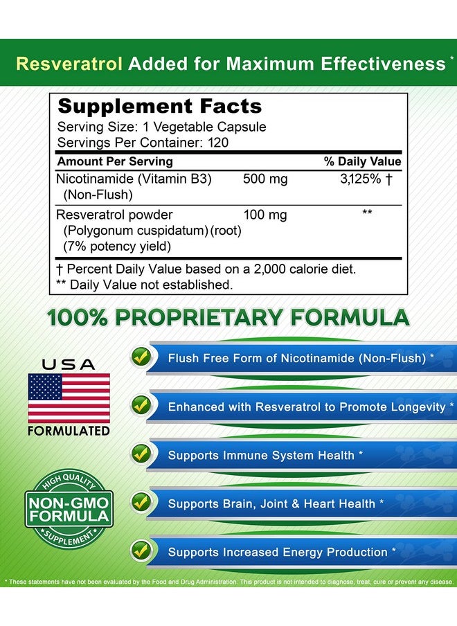 aSquared Nutrition - Nicotinamide With Resveratrol 120 Veggie Capsules Vitamin B3 500Mg (Niacinamide Flush Free) Supplement Pills To Support Nad Skin Cell Health & Energy - Image 1