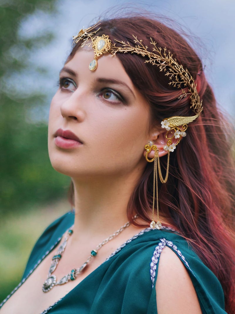 SWEETV Fairy Flower Hairband with Elf Ears, Halloween Fairy Headpiece for Women, Leaf Elf Circlet with Wings Cuff Earrings, Leaf Hairband Set for Photoshoot Cosplay Party - Image 3