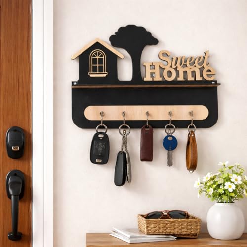 CraftVatika Key Hangers for Wall with Shelf Key Holder, Wall Mounted Decoration Key Chain Stand Wood Keys Organizer 6 Stainless Steel Hook Decorative Items for Living Room Home Decor, Wall Décor - Image 5