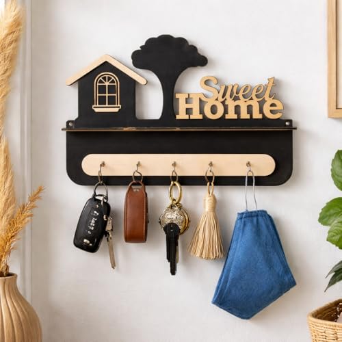 CraftVatika Key Hangers for Wall with Shelf Key Holder, Wall Mounted Decoration Key Chain Stand Wood Keys Organizer 6 Stainless Steel Hook Decorative Items for Living Room Home Decor, Wall Décor - Image 4