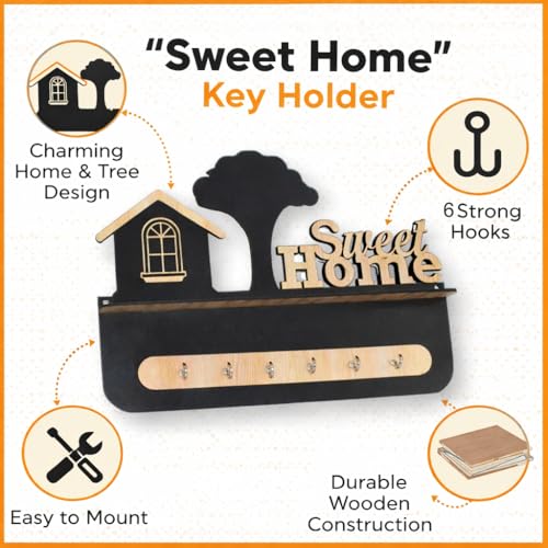 CraftVatika Key Hangers for Wall with Shelf Key Holder, Wall Mounted Decoration Key Chain Stand Wood Keys Organizer 6 Stainless Steel Hook Decorative Items for Living Room Home Decor, Wall Décor - Image 2
