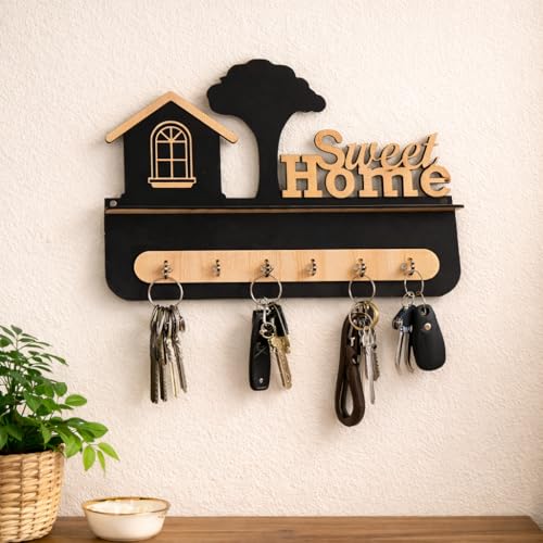 CraftVatika Key Hangers for Wall with Shelf Key Holder, Wall Mounted Decoration Key Chain Stand Wood Keys Organizer 6 Stainless Steel Hook Decorative Items for Living Room Home Decor, Wall Décor - Image 1