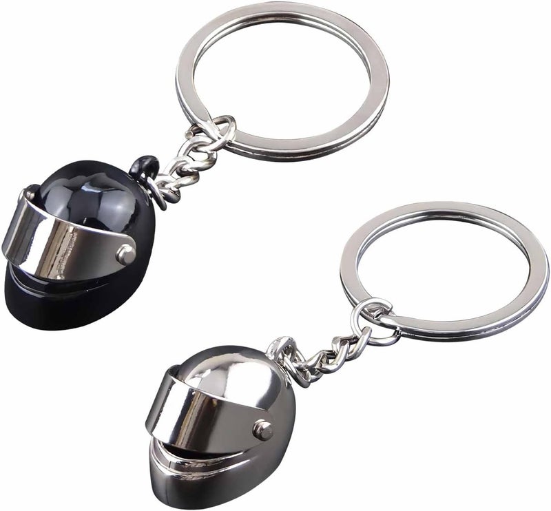 YHT 2PCS Motorcycle Helmet Keychain Set - Black and Silver 3D Mini Metal Pendants - Image 1