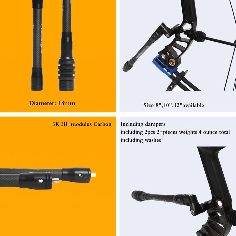 Perogen Archery Bow Stabilizer for Compound Bow Hunting 3K High Modulus Carbon Including dampers, Light Weighted, 8",10",12" in - Image 4