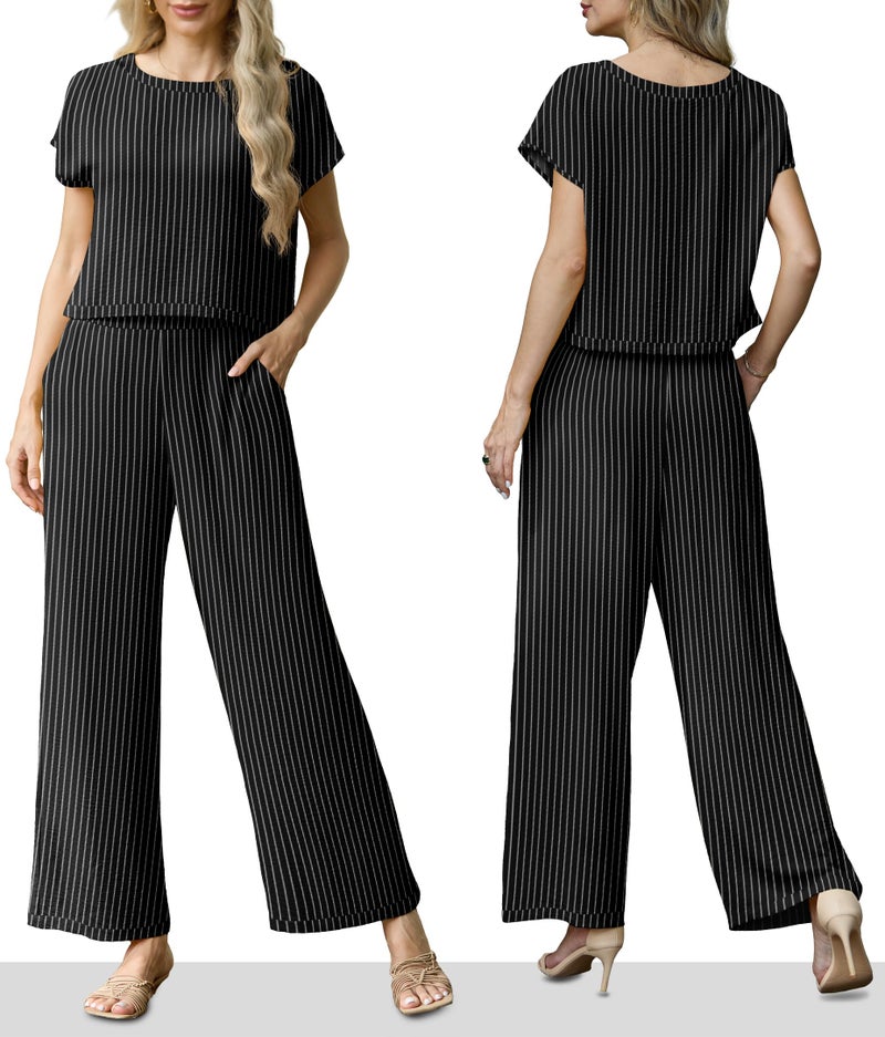 Lepunuo Stripe Two Piece Outfits for Women Summer Casual Pullover Cap Sleeve Top and Wide Leg Pants Sets Tracksuit - Image 4