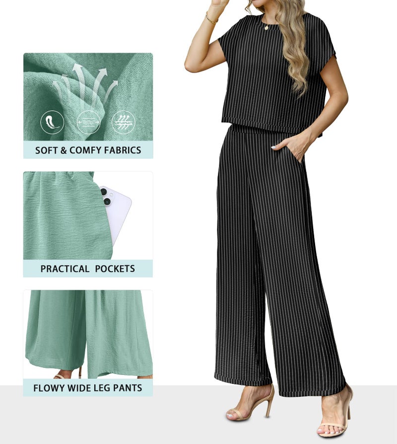 Lepunuo Stripe Two Piece Outfits for Women Summer Casual Pullover Cap Sleeve Top and Wide Leg Pants Sets Tracksuit - Image 2