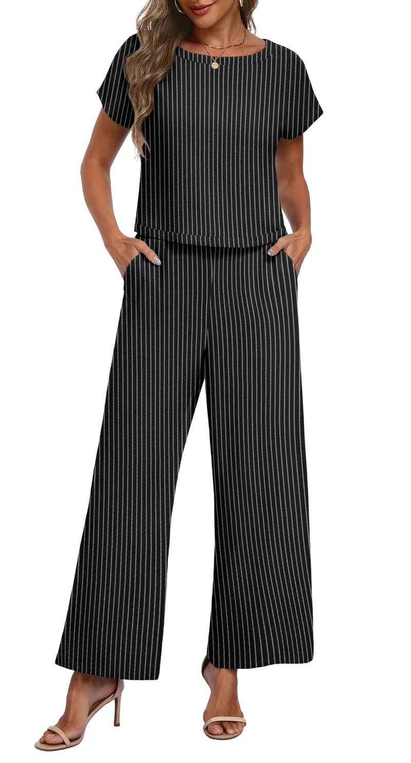 Lepunuo Stripe Two Piece Outfits for Women Summer Casual Pullover Cap Sleeve Top and Wide Leg Pants Sets Tracksuit - Image 5