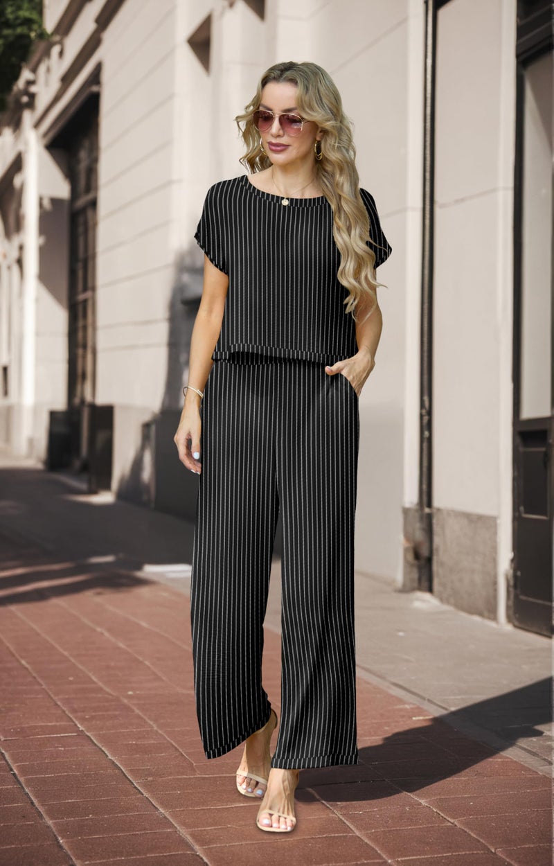 Lepunuo Stripe Two Piece Outfits for Women Summer Casual Pullover Cap Sleeve Top and Wide Leg Pants Sets Tracksuit - Image 3