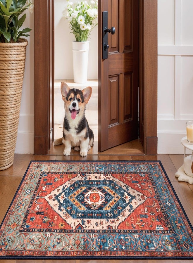 SERISSA Boho Rugs for Entryway, 2x3 Rust Entryway Rug Non-Slip Washable Small Area Rug, Ultra Soft Oriental Vintage Low-Pile Indoor Door Mat Floor Carpet for Entrance Bedroom Kitchen Bathroom - Image 2