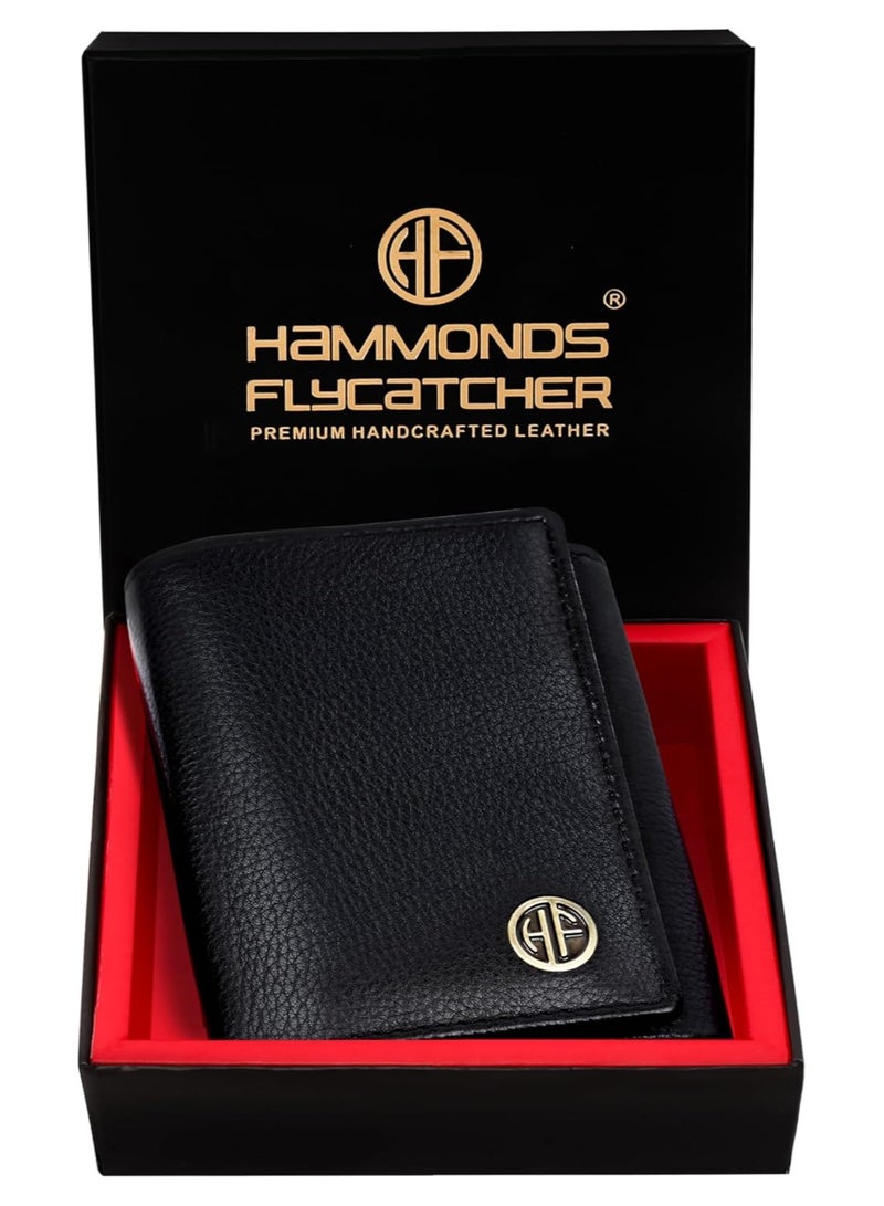  هاموندز فلاي كاتشر محفظة هاموندز فلايكاتشر سوداء للرجال - محفظة رجالية ثلاثية الطي من الجلد الأصلي مزودة بحماية RFID، 5 فتحات للبطاقات، نافذتان للهوية، فتحات للعملات، إغلاق بزر كبس، صندوق هدايا متضمن، هدية للرجال - Image 1