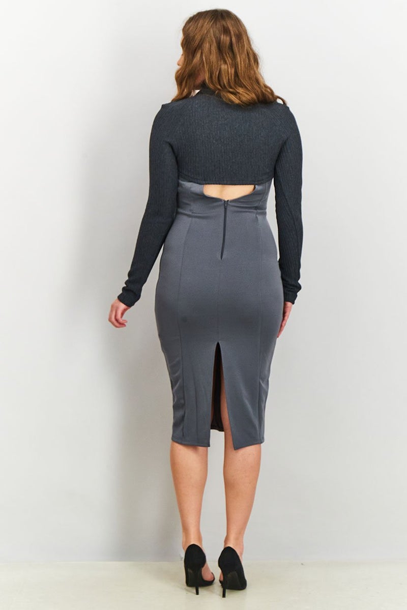 Asos Design Women Rib Crop Open Front Overlay Midi Pencil Dress, Grey - Image 2
