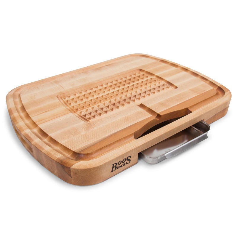 Boos Block John Boos Boos Block Large Reversible Wood Carving Board with Juice Groove and Stainless Steel Tray 225Inch Thickness 24 x 18 x 2 14 Maple 