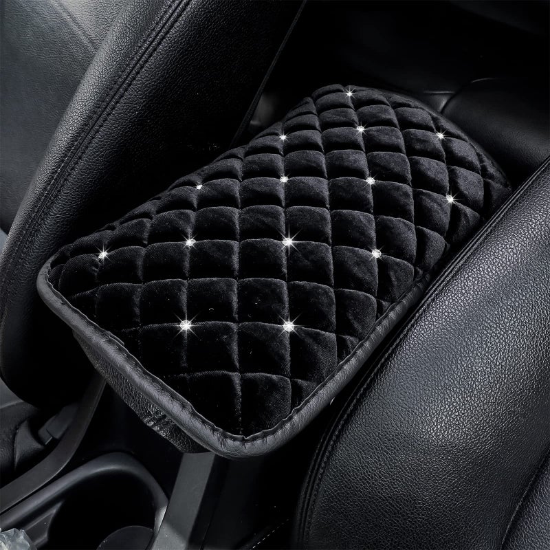 Frienda Furry Armrest Cover Bling Diamond Auto Center Armrest Cover Car Soft Console Pad, Real Sheepskin Wool Soft Fluffy Auto Center Console Cover for Most Car Decoration Protector(Black) - Image 2
