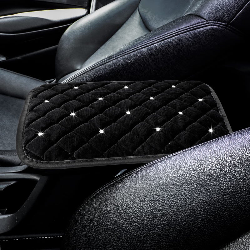 Frienda Furry Armrest Cover Bling Diamond Auto Center Armrest Cover Car Soft Console Pad, Real Sheepskin Wool Soft Fluffy Auto Center Console Cover for Most Car Decoration Protector(Black) - Image 1