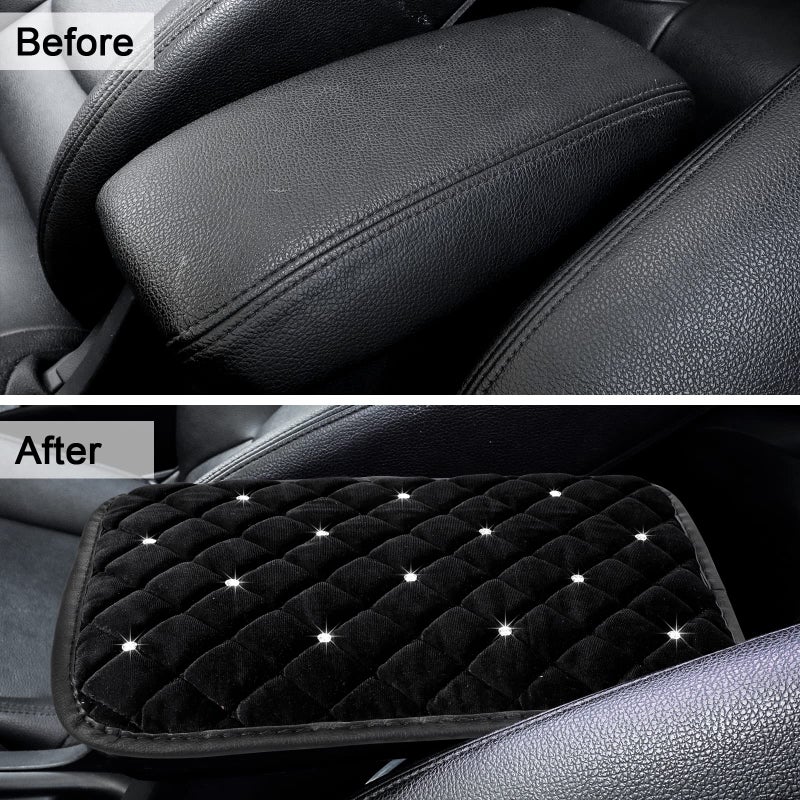 Frienda Furry Armrest Cover Bling Diamond Auto Center Armrest Cover Car Soft Console Pad, Real Sheepskin Wool Soft Fluffy Auto Center Console Cover for Most Car Decoration Protector(Black) - Image 3
