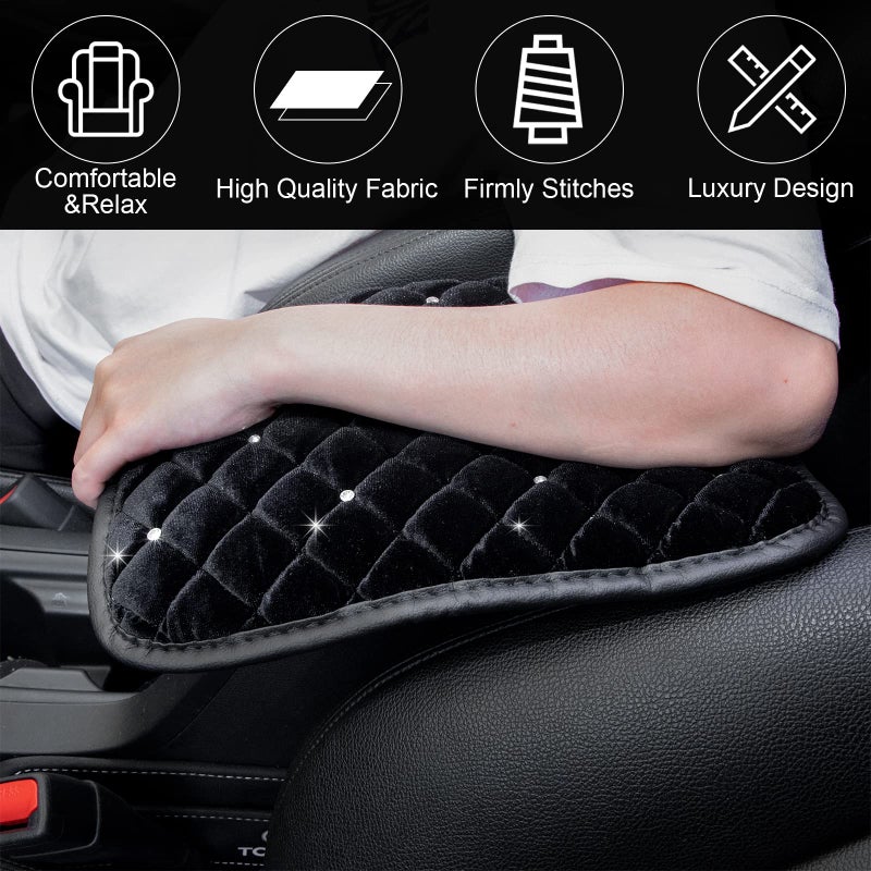 Frienda Furry Armrest Cover Bling Diamond Auto Center Armrest Cover Car Soft Console Pad, Real Sheepskin Wool Soft Fluffy Auto Center Console Cover for Most Car Decoration Protector(Black) - Image 4