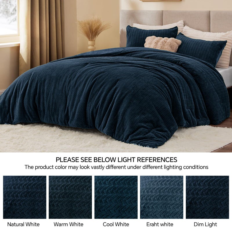 ChiXpace Flannel Fleece Queen Comforter Set - Furry Navy Blue Leaves Pattern Faux Fur Bed Set, Winter Ultra Soft Fuzzy Comfort Set, Velvet Bedding Set for Bed with 2 Pillow Cases - Image 4