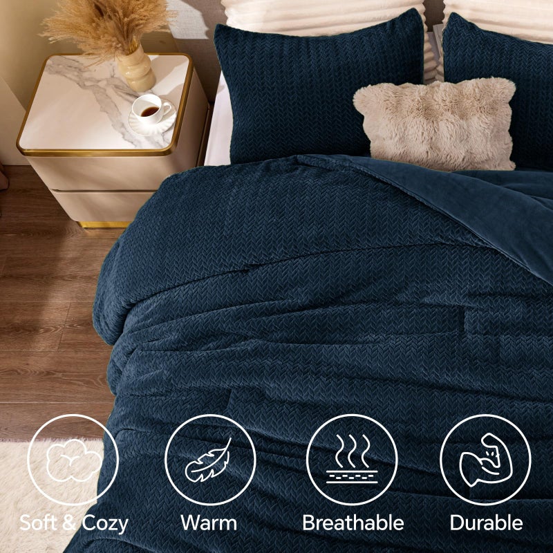 ChiXpace Flannel Fleece Queen Comforter Set - Furry Navy Blue Leaves Pattern Faux Fur Bed Set, Winter Ultra Soft Fuzzy Comfort Set, Velvet Bedding Set for Bed with 2 Pillow Cases - Image 3
