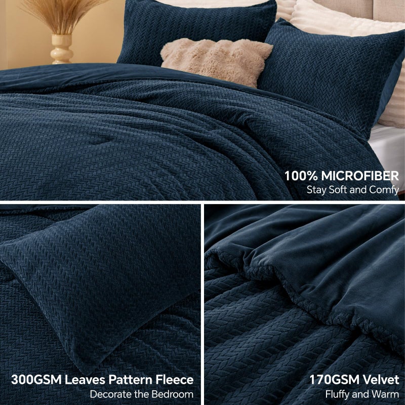 ChiXpace Flannel Fleece Queen Comforter Set - Furry Navy Blue Leaves Pattern Faux Fur Bed Set, Winter Ultra Soft Fuzzy Comfort Set, Velvet Bedding Set for Bed with 2 Pillow Cases - Image 2