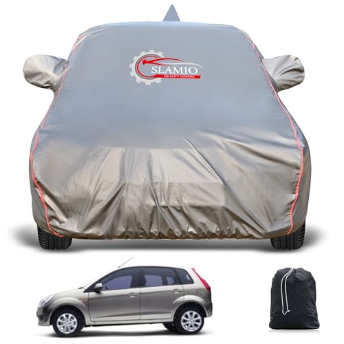 Slamio Heavy-Duty Car Body Cover for Ford Figo (2010-2014) | Waterproof, Dustproof, UV Protection, Custom Fit, Heavy Belt & Buckle with Mirror & Antenna Pocket | Dark Grey - Image 1