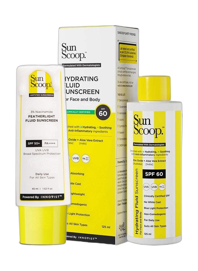 SunScoop 3% Niacinamide Fluid Sunscreen| Spf 50+ Pa++++| Super Light Formula| Prevents Tanning And Sunburn| Reduces Pigmentation| Non-Comedogenic| 45Ml & Fluid Body Sunscreen Spray Spf 60, No White Cast, Protects From Uva And Uvb Rays, Hybrid, For Dry, Normal And Oily Skin Types 125 Ml (Pack Of 1) Neutral Bundle - Image 1