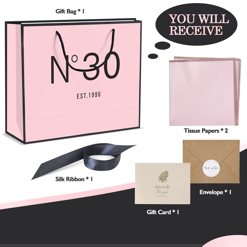 QLSKO 13" Birthday Gift Bag with Card Envelope Sticker Bow Ribbon and Tissue papers for Women Girls Design with Handles,13th-100th (EST.1996 30th, 13" W x 10.5" H x 4.3" D) - Image 2
