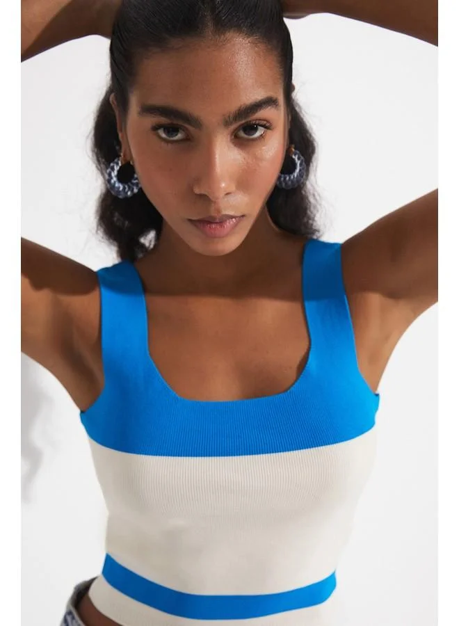 JUNE June Color Block Square Neck Bustier Blue - Ecru