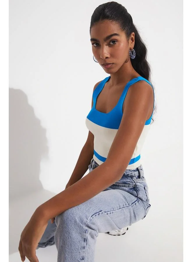 JUNE June Color Block Square Neck Bustier Blue - Ecru