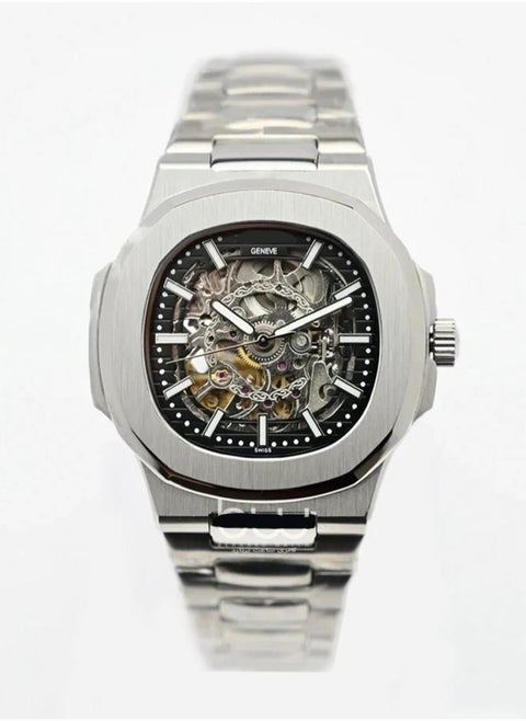 Men’s wristwatch with a precise Swiss movement, featuring a transparent dial that clearly showcases the inner gear mechanism, adding a touch of luxury and uniqueness. Comes with the original box and warranty.