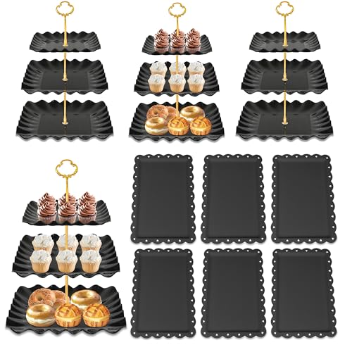 DIDROOM 10 Pack Dessert Table Display Set - 4 x Three-Tier Square Cupcake Stands and 6 x Serving Trays, Elegant Tableware for Cakes, Cupcakes, Pastries, and Snacks, Perfect for Parties (Black) - Image 1