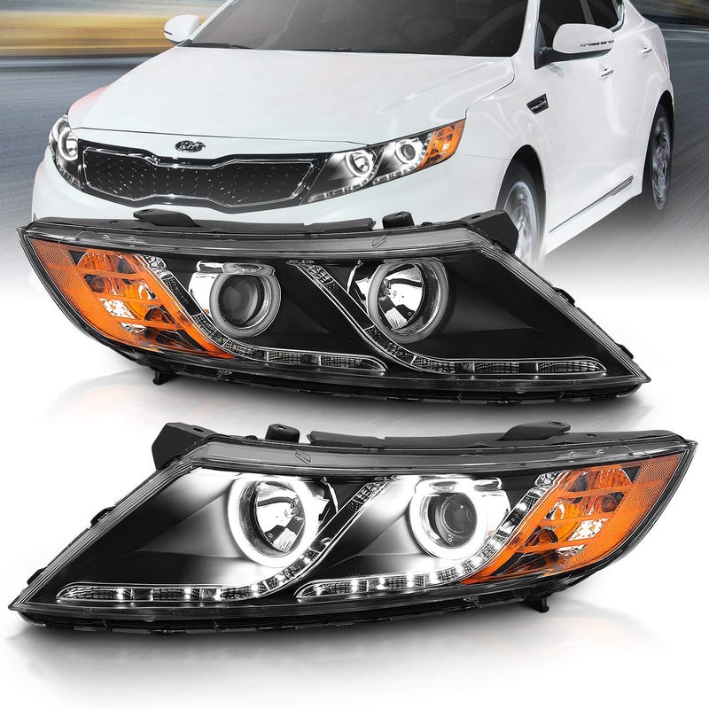 AmeriLite for 20112015 Kia Optima Halogen Model Xtreme LED Halo Rings Projector Black Replacement Headlights Set  Driver and Passenger Side