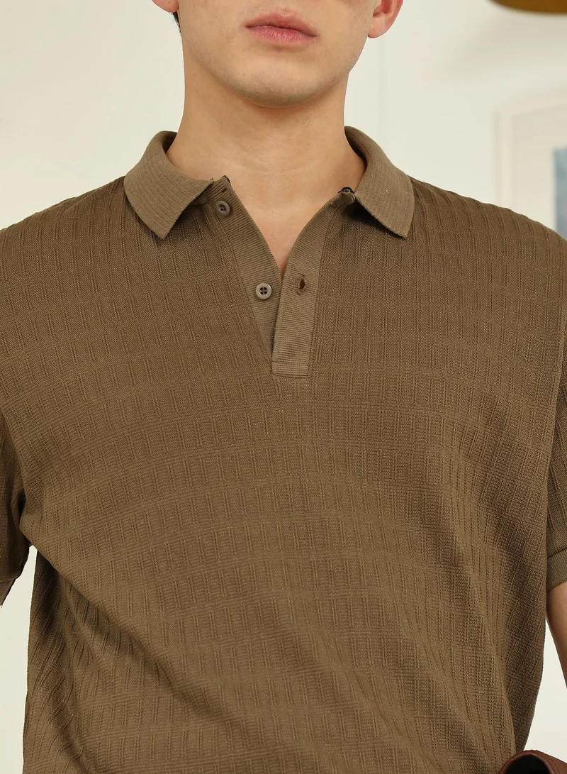 CAHOOT  Men's Brown Textured Polo T-shirt - Poly Spandex Blend for Men | Best Price UAE