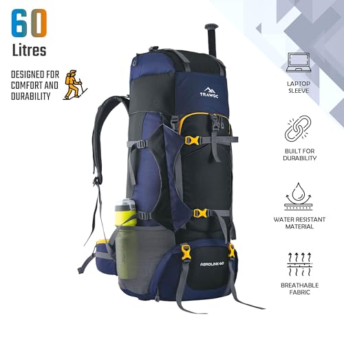 TRAWOC Vortex 60L Travel Backpack for Men & Women | Trekking Hiking Rucksack with Laptop Sleeve, YKK Zippers, Rain-Cover, Padded Hip Belt & Air Mesh Back | 3 Year Warranty | Englishblue - Image 2