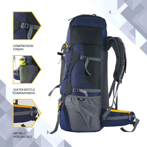 TRAWOC Vortex 60L Travel Backpack for Men & Women | Trekking Hiking Rucksack with Laptop Sleeve, YKK Zippers, Rain-Cover, Padded Hip Belt & Air Mesh Back | 3 Year Warranty | Englishblue - Image 4