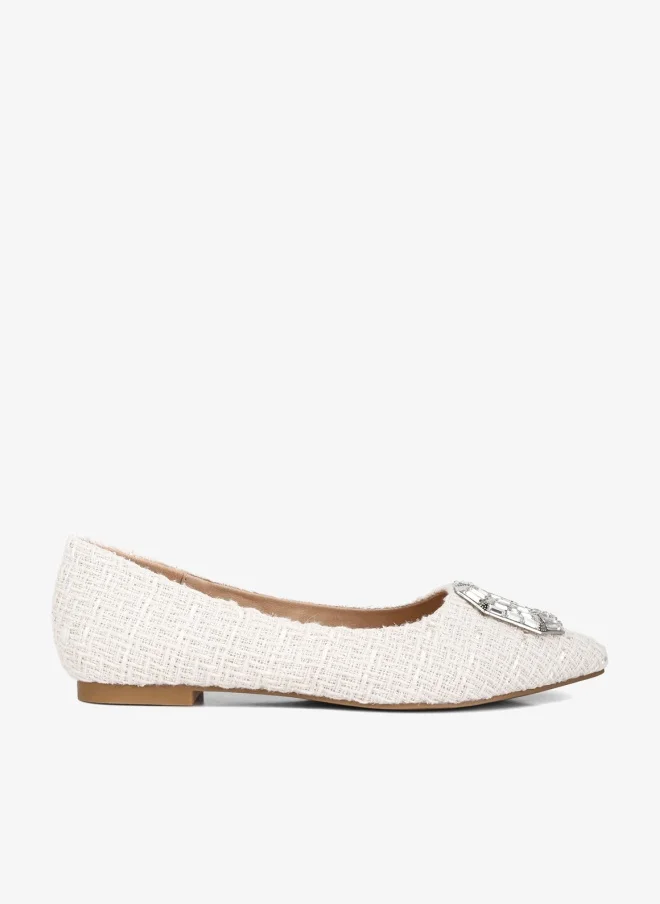 Embellished Jewel Buckle Tweed Ballet Flats in Beige