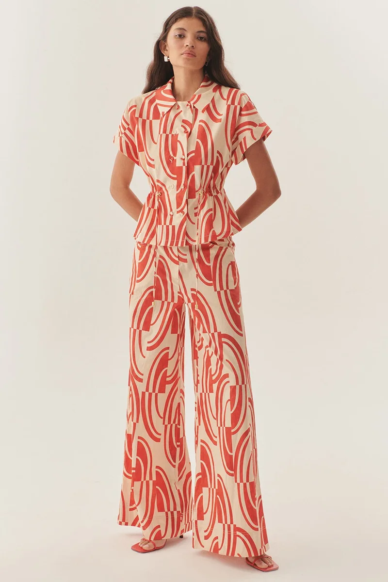 EXQUISE Abstract Patterned Cotton Coffee-Bone Wide Leg Pants