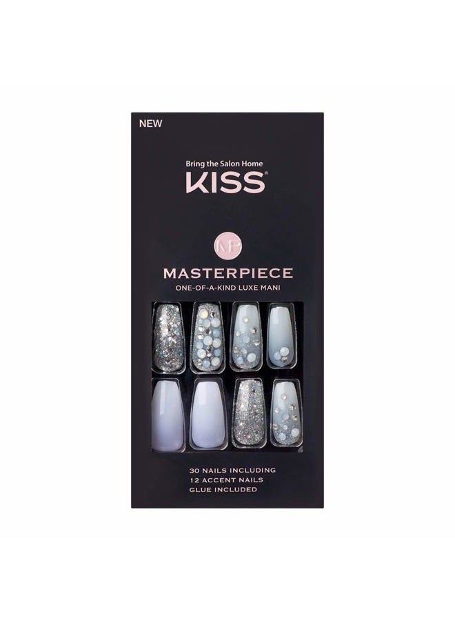 KISS Masterpiece One-Of-A-Kind Luxe Mani, Long Length, Premium Acrylic Fake Nails, Style “No.1”, with Pink Gel Nail Glue, Manicure Stick, Mini File, & 30 False Nails Including 12 Accent Nails - Image 1