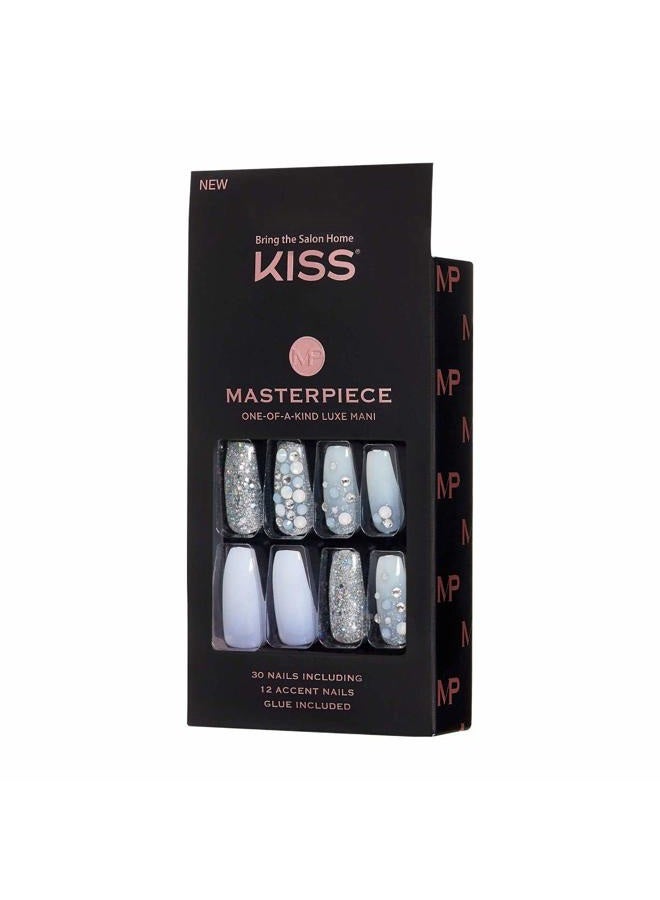 KISS Masterpiece One-Of-A-Kind Luxe Mani, Long Length, Premium Acrylic Fake Nails, Style “No.1”, with Pink Gel Nail Glue, Manicure Stick, Mini File, & 30 False Nails Including 12 Accent Nails - Image 2