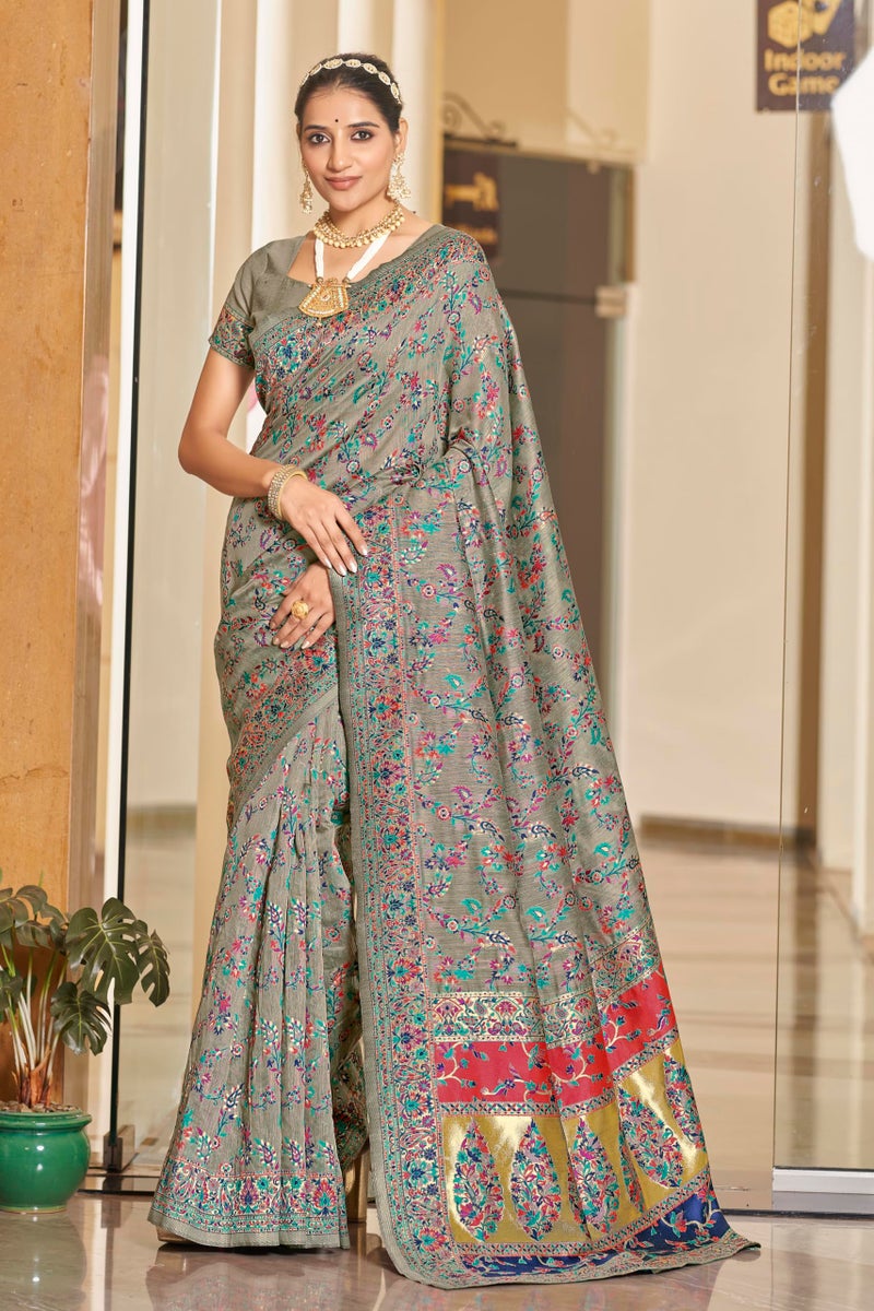 Glory Sarees Women's Kashmiri Cotton Woven Saree With Blouse Piece (Heritage_Silk111_Grey) - Image 2