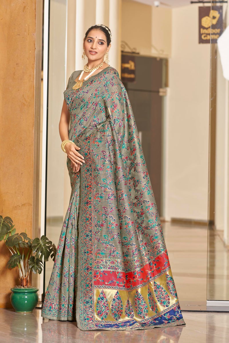 Glory Sarees Women's Kashmiri Cotton Woven Saree With Blouse Piece (Heritage_Silk111_Grey) - Image 3