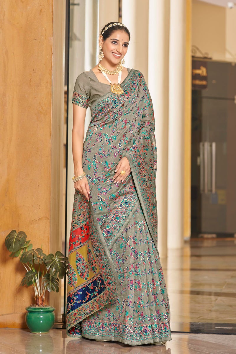 Glory Sarees Women's Kashmiri Cotton Woven Saree With Blouse Piece (Heritage_Silk111_Grey) - Image 5