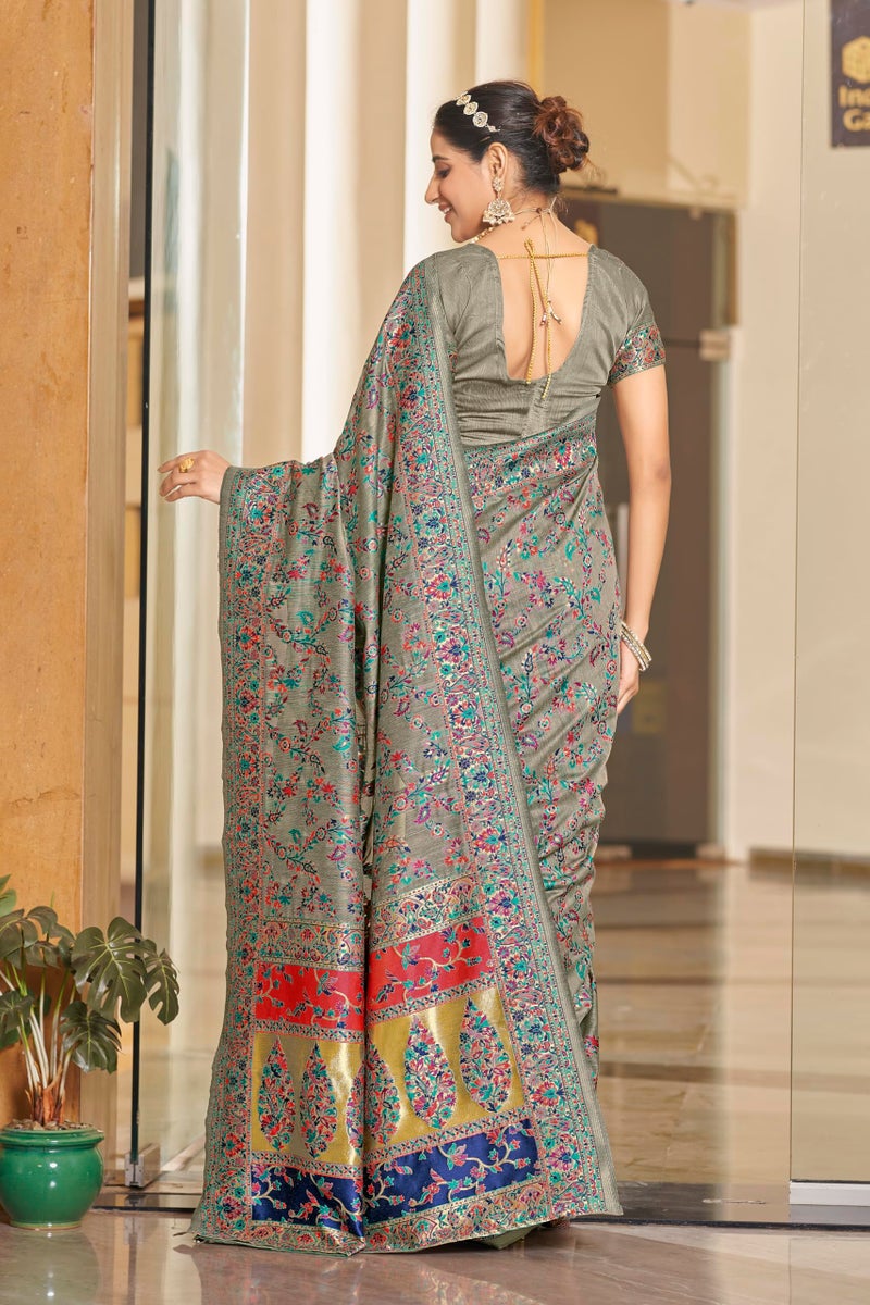 Glory Sarees Women's Kashmiri Cotton Woven Saree With Blouse Piece (Heritage_Silk111_Grey) - Image 4