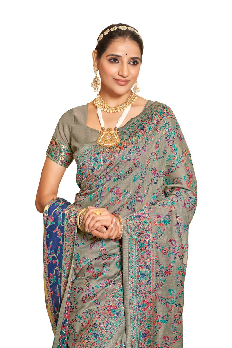 Glory Sarees Women's Kashmiri Cotton Woven Saree With Blouse Piece (Heritage_Silk111_Grey) - Image 1
