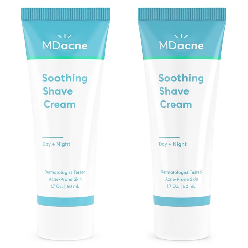 كريم حلاقة MDacne للبشرة المعرضة لحب الشباب، عبوة من 2 - خالي من الزيوت، يقضي على حروق الحلاقة، الجروح والعدوى - يقلل من تهيج البشرة ويمنع ظهور نتوءات الحلاقة والجروح - نباتي، خالي من البارابين وخالي من القسوة