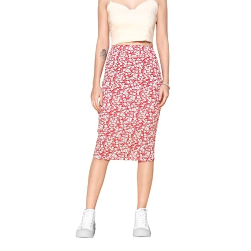 Berrylush Women Red & White Floral Printed Slip-On Straight Hem Pencil Midi Skirt - Image 1