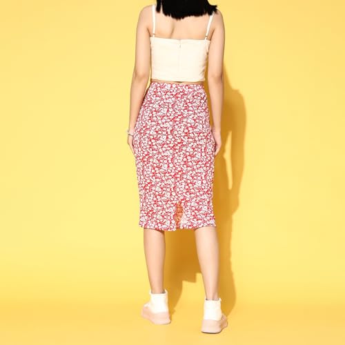 Berrylush Women Red & White Floral Printed Slip-On Straight Hem Pencil Midi Skirt - Image 4
