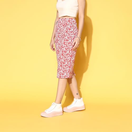Berrylush Women Red & White Floral Printed Slip-On Straight Hem Pencil Midi Skirt - Image 3